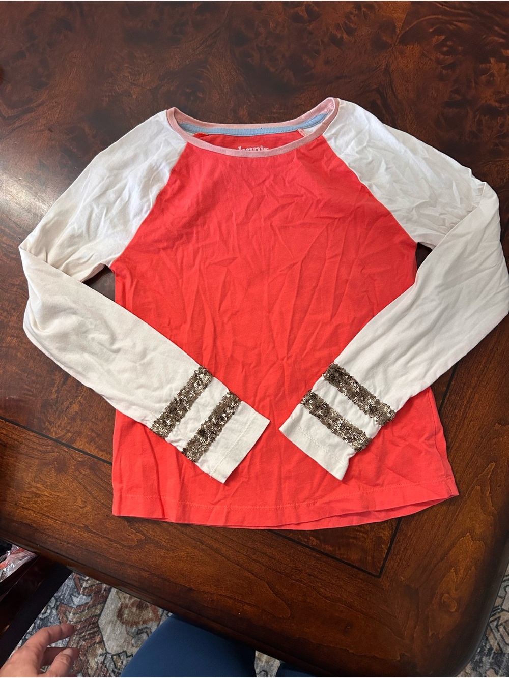 Boden Johnnie b Little Girls‎ Size 11-12y Raglan Shirt Salmon White Sequins